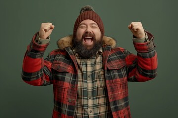 Poster - Excited bearded man in red plaid jacket on green background, studio shot