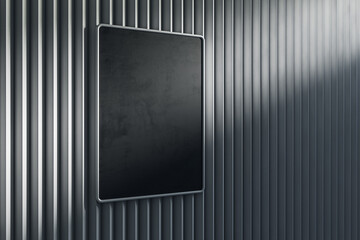 Poster - Empty light metal linear wall with clean black mock up poster. Gallery concept. 3D Rendering.