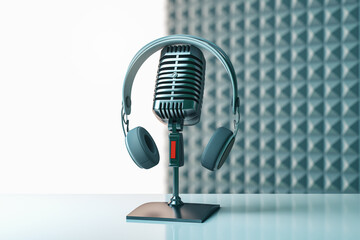 Poster - Creative image with mic and mock up place on gray wallpaper. Podcast ad and voiceover concept. 3D Rendering.