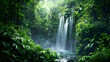 A lush green forest with a waterfall in the background