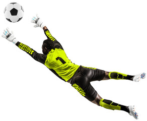 Wall Mural - Young African man, football player, goalkeeper catching ball in jump during game isolated on transparent background. Concept of sport, game, competition, tournament, active lifestyle