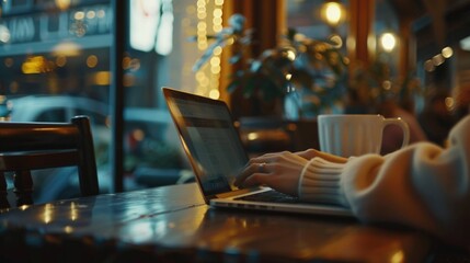Aufkleber - A person sitting at a table working on a laptop. Ideal for business or technology concepts