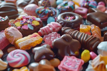 Sticker - A variety of delicious chocolate candies on a table. Perfect for sweet treat concepts