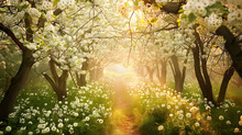 A Path Through A Field Of White Flowers