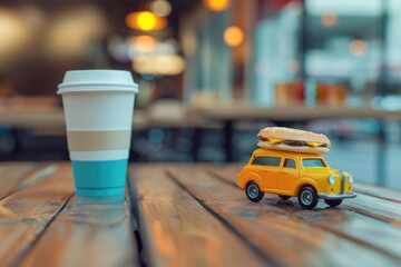 Poster - Toy car placed next to a cup of coffee. Ideal for automotive themed designs