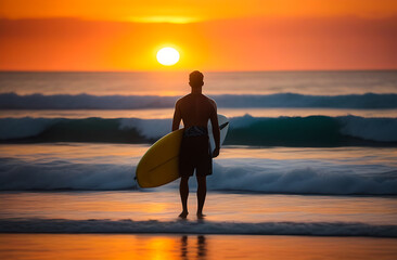 Wall Mural - guy with a surfboard stands on the beach at sunset