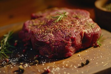 Poster - Fresh piece of meat on wooden cutting board. Great for cooking or food preparation concepts