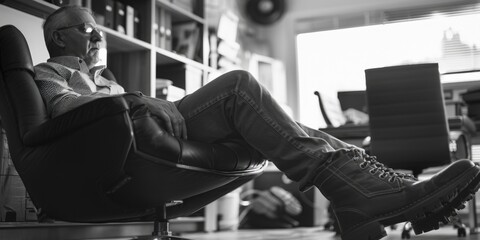 Aufkleber - Man sitting in a chair talking on a cell phone, suitable for business and communication concepts