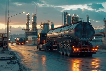 Poster - A tanker truck driving down a wet road. Suitable for transportation concepts