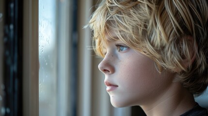 Aufkleber - A young boy gazing out of a window, suitable for various concepts and designs