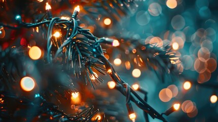 Poster - A close up of a Christmas tree with lights in the background. Perfect for holiday designs
