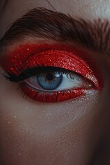 Wall Mural - Close up of a woman's eye with red glitter, perfect for beauty or fashion concepts