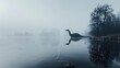 A serene image capturing the mythical Loch Ness Monster in a tranquil misty waterscape, evoking intrigue and legend