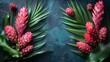 Vivid pink and red ginger flowers laid out across a dark chocolate background, creating a deep, luxurious tropical setting with significant negative space