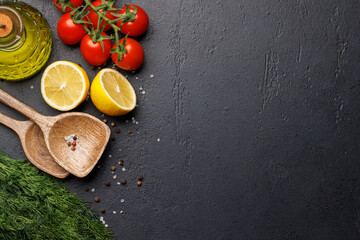 Poster - Cooking scene: Cherry tomatoes, herbs and spices on table