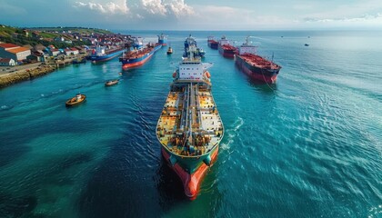 Wall Mural - Aerial view of cargo boats on the water under a cloudy sky