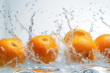 Poster - Fresh oranges being dropped into a bowl of water. Suitable for food and drink concepts