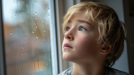 Poster - A young boy looking out a window in the rain. Perfect for illustrating a rainy day or contemplation