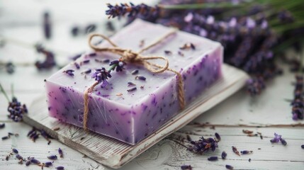 Poster - Close up of a soap on a plate with lavender flowers. Ideal for spa and relaxation concepts