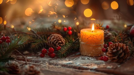 Poster - A lit candle surrounded by pine cones and berries. Perfect for holiday decorations