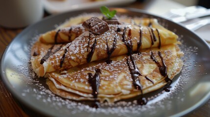 Canvas Print - Delicious chocolate covered pancakes on a plate, perfect for food blogs or menus
