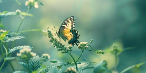 Aufkleber - A beautiful butterfly perched on a lush green plant. Suitable for nature and wildlife concepts