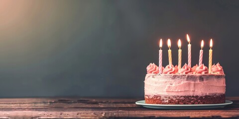 Wall Mural - An elegantly decorated birthday cake with pink frosting and lit candles, presented on a simple plate.