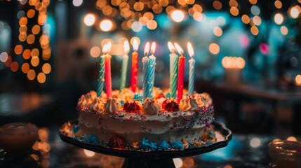 Wall Mural - A vibrant birthday cake adorned with lit candles and colorful sprinkles, capturing a celebratory atmosphere.