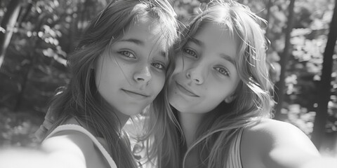 Poster - Two young girls taking a selfie in the woods. Perfect for social media posts