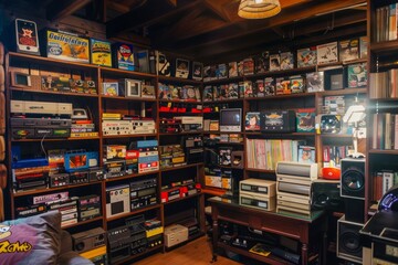 Wall Mural - A retro gaming den with shelves lined with old cartridges, controllers, and gaming memorabilia, Generative AI