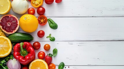 Poster - Fresh fruits and vegetables displayed on a clean white table. Ideal for healthy eating concepts
