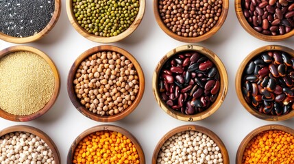 Aufkleber - Various types of beans and legumes in rustic wooden bowls. Ideal for food and nutrition concepts