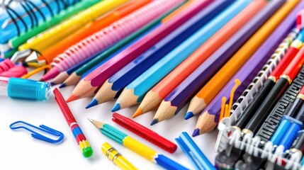 Poster - A group of colored pencils lined up neatly. Suitable for educational and artistic concepts