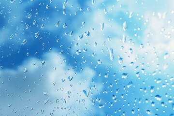 Poster - Rain drops on window with blue sky background. Perfect for weather or nature concepts