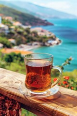 Poster - A cup of tea on a wooden table, suitable for various concepts