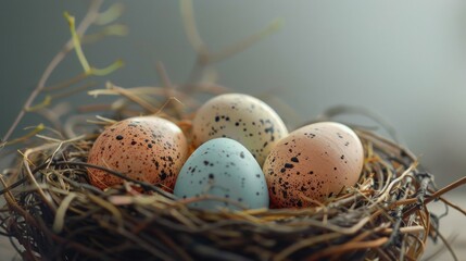 Poster - Four eggs in a nest on a table. Great for Easter or farm themes