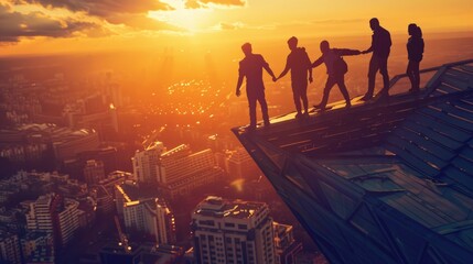 Poster - Group of people standing on top of a building. Perfect for urban cityscape concepts