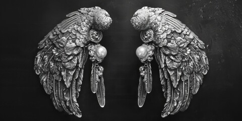 Poster - Silver angel wings on a black background. Perfect for angelic or celestial themed designs