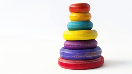 Poster - Colorful wooden toys stacked on top of each other. Suitable for educational and playful concepts