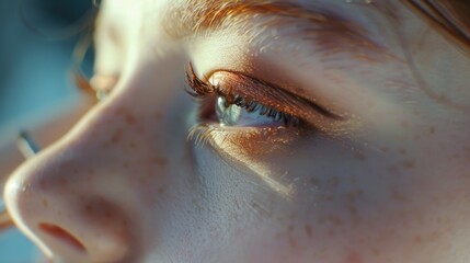 Poster - Close up of a woman's eye with freckles. Suitable for beauty or skincare concepts