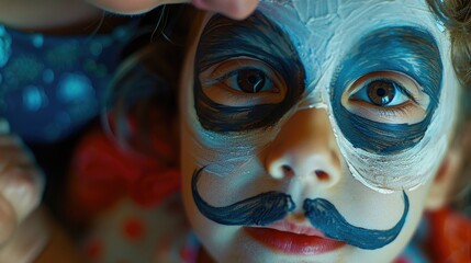 Poster - Playful young girl with a painted mustache on her face, suitable for humorous and creative projects