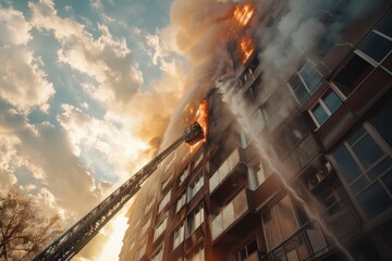 Poster - A dramatic scene of a fire truck engulfed in flames in front of a high-rise building. Suitable for illustrating emergency situations