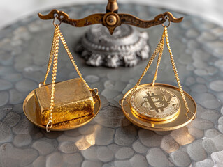 Poster - An image of a gold bar and a gold bitcoin coin on a balance scale, concept of comparing cryptocurrency and traditional investment, Generative AI.