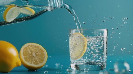 Poster - Fresh lemons in a glass being filled with water. Great for health and wellness concepts