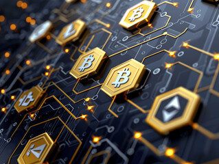 Poster - Golden bitcoins on a circuit board background, representing cryptocurrency network concept. Generative AI