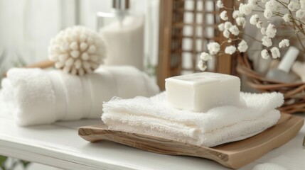 Canvas Print - White towels neatly arranged on a table, perfect for spa or hotel concept