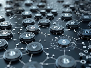 Poster - Various cryptocurrency coins connected in a network on a dark background, symbolizing blockchain technology. Generative AI