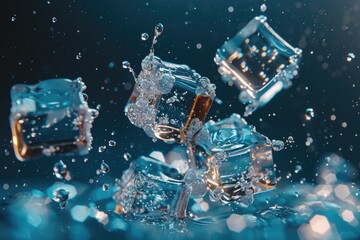Poster - Ice cubes dropping into water, perfect for beverage or refreshing concept