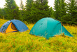 closeup touristic camp in the mountain, summer travel scene