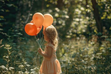 Poster - A little girl holding a bunch of orange balloons. Perfect for celebrations and parties
